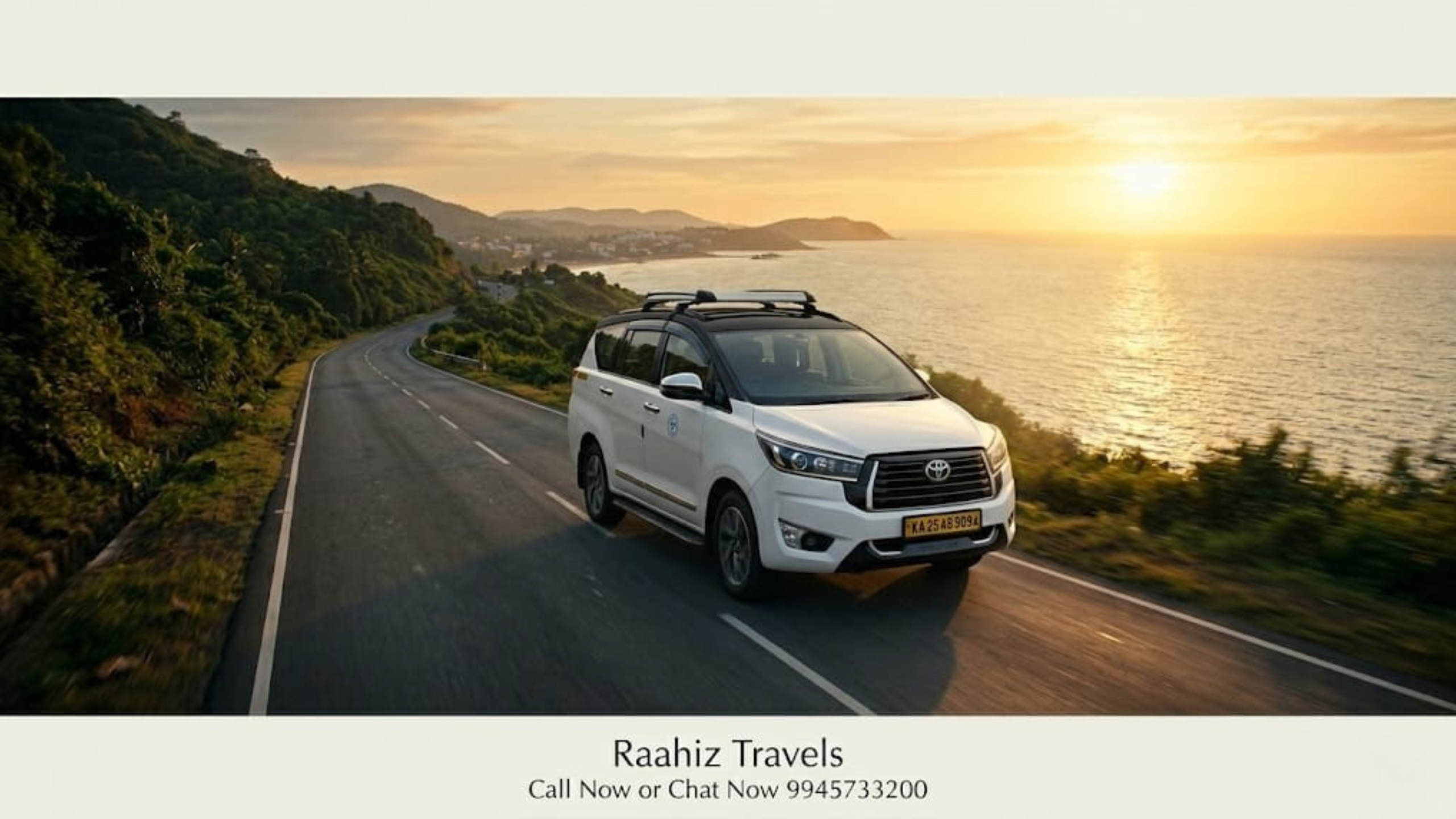 Raahiz Travels Toyota Innova Crysta driving on a scenic coastal highway during a Hubli to Gokarna road trip at sunset