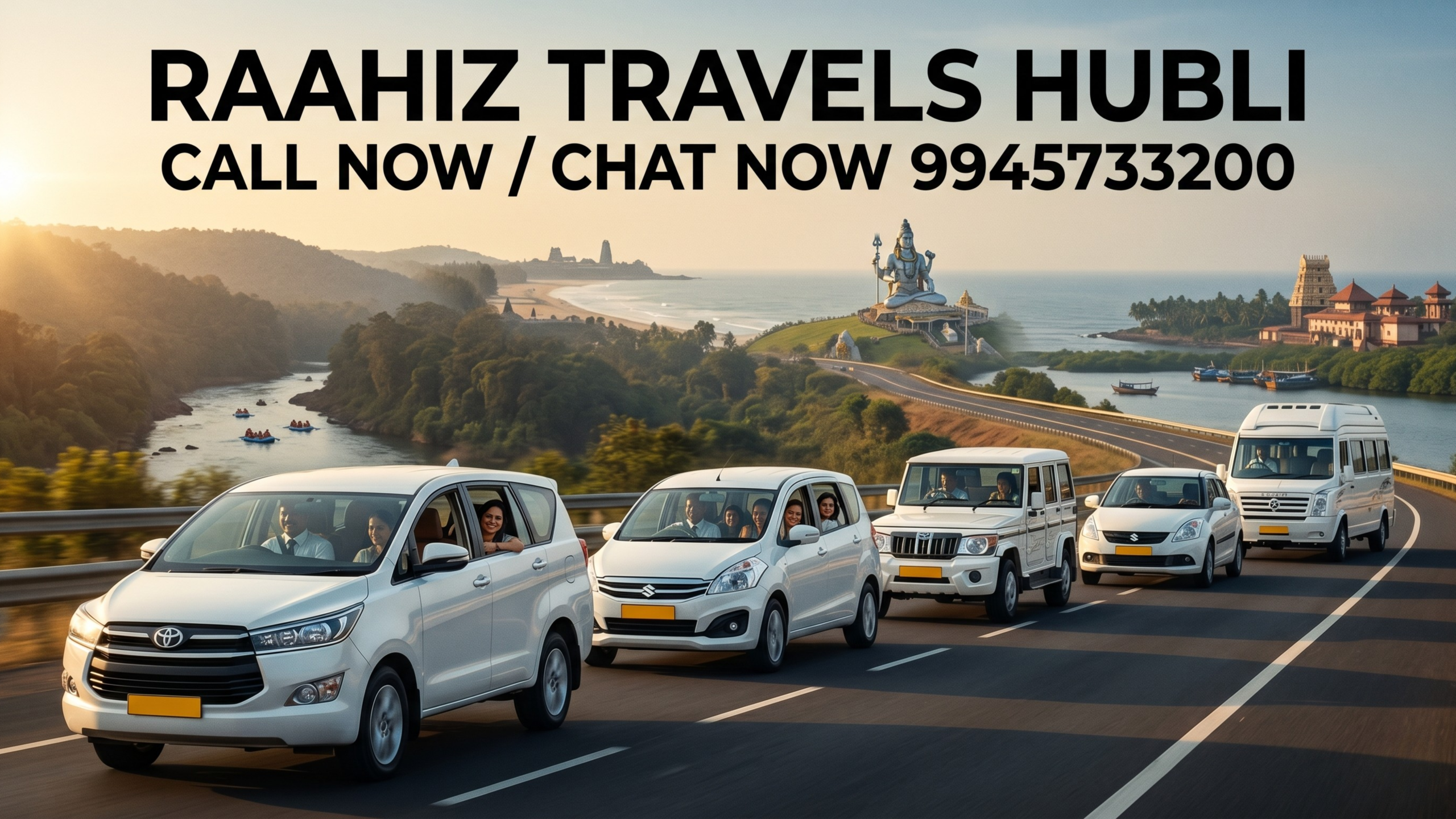 Raahiz Travels Hubli cab service convoy with Innova Crysta, Ertiga, Bolero, Dzire and Tempo Traveller on scenic coastal highway towards Gokarna, Murudeshwar and Dandeli
